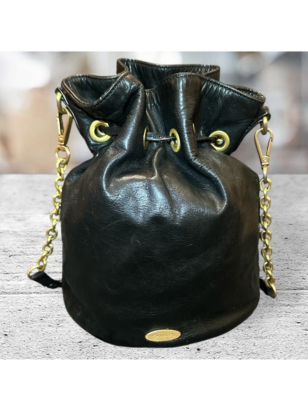 Tahari Black Leather Bucket Bag with Gold Chain